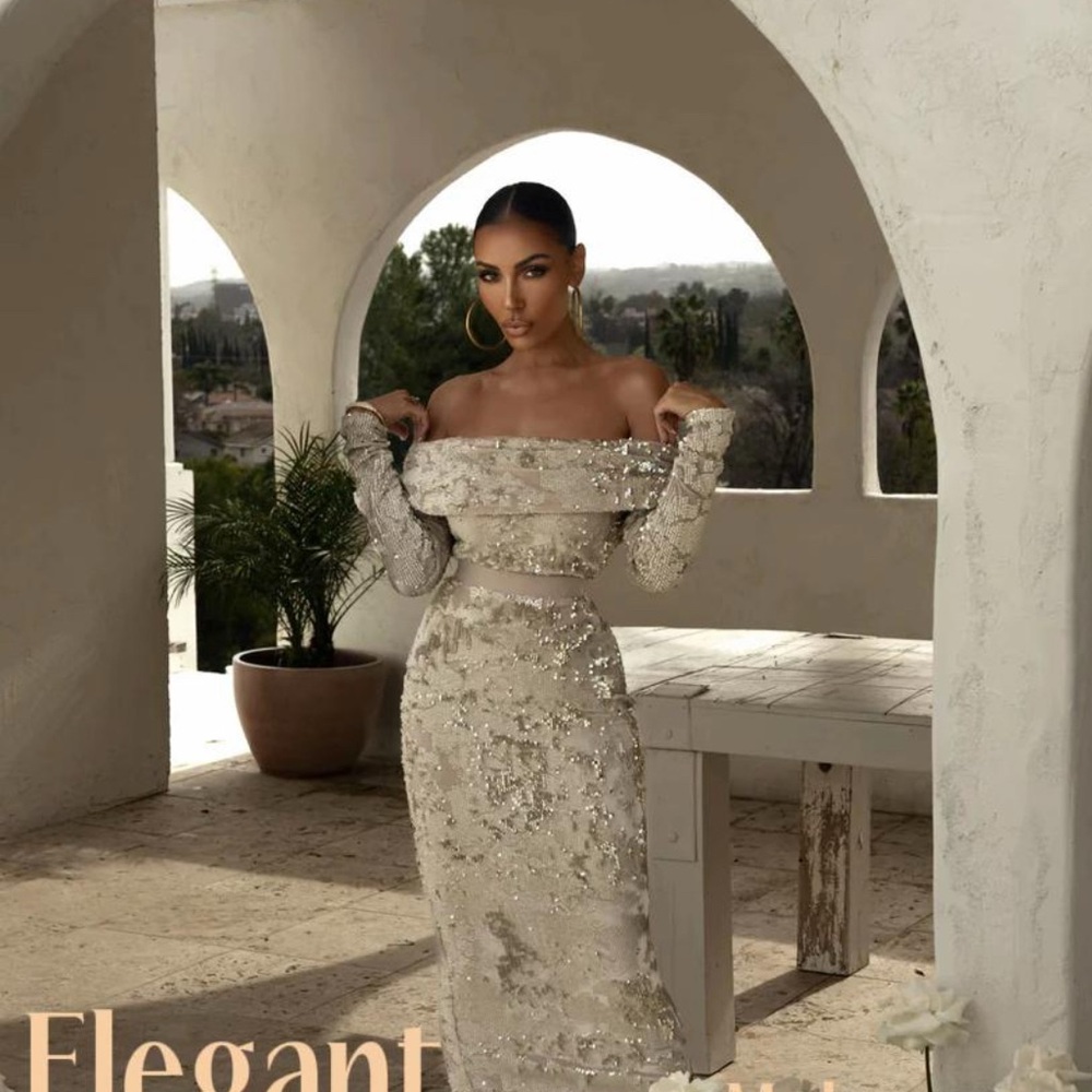 JLUXLABEL Sequin Off-Shoulder Dress in Cream